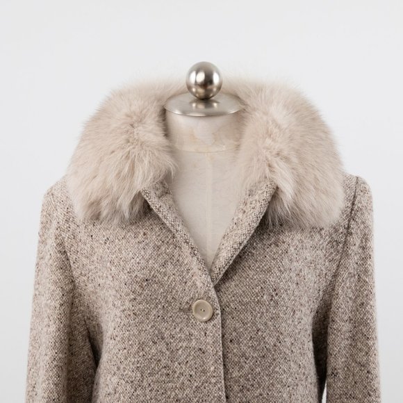 Vintage 90s M/L Fox Fur Collar Tweed Coat Tan - Picture 5 of 15